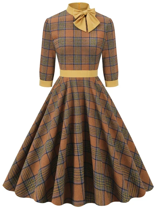 yellow-1950s-plaid-bowknot-patchwork-dress