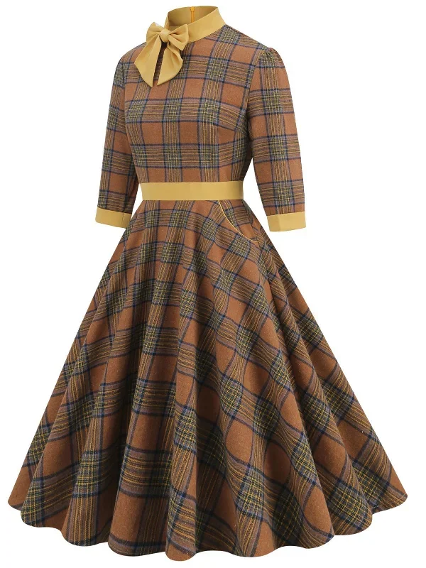 yellow-1950s-plaid-bowknot-patchwork-dress