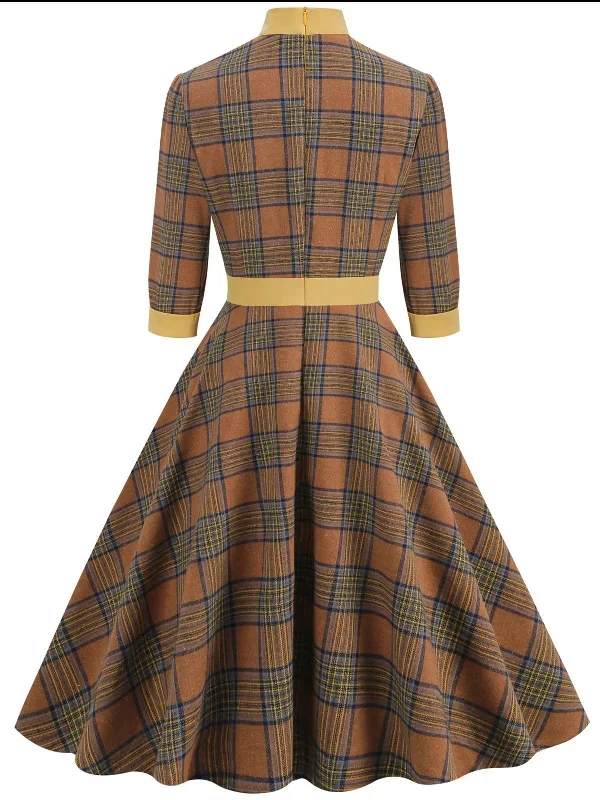 yellow-1950s-plaid-bowknot-patchwork-dress