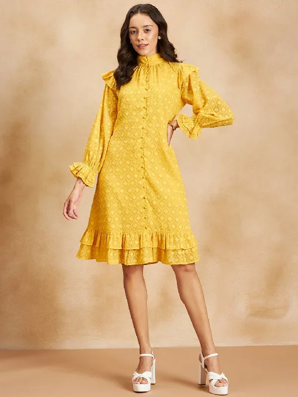 Yellow Dobby A-Line  Midi Dress