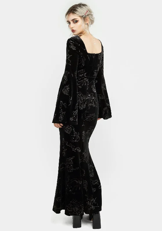 zodiac-foil-print-velour-flute-sleeve-maxi-gown