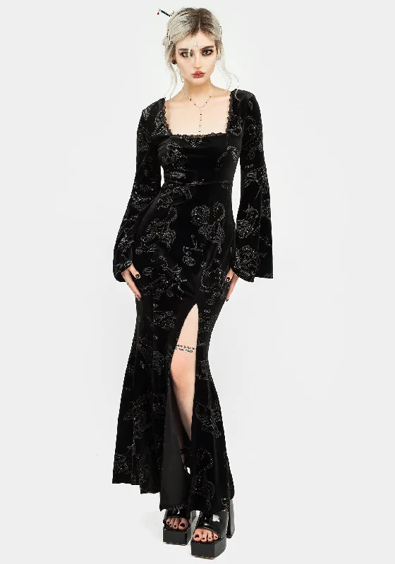 zodiac-foil-print-velour-flute-sleeve-maxi-gown