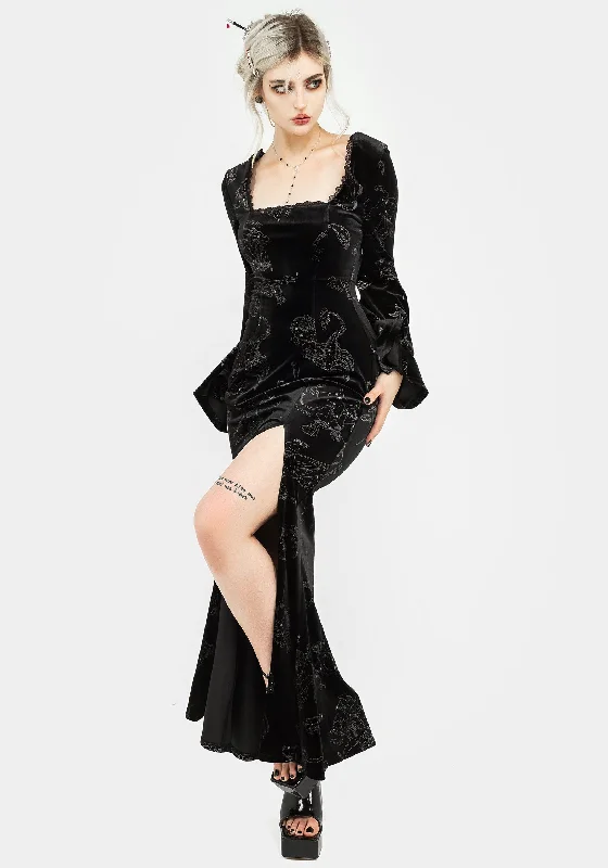 zodiac-foil-print-velour-flute-sleeve-maxi-gown